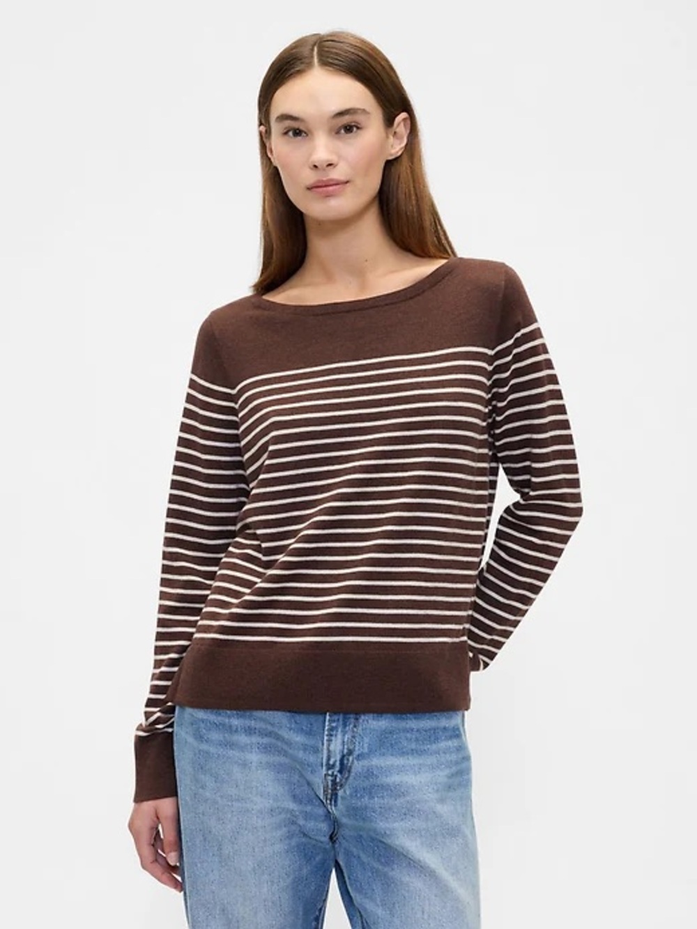 GAP Brown and Cream Striped Boatneck Long Sleeve Top